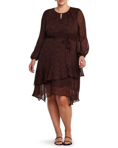 Estelle Camilla Print Tie Waist Long Sleeve Chiffon Dress - Brown