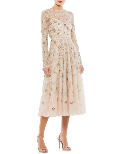 Mac Duggal Long-sleeve Embellished Floral Midi-dress - Natural