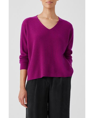Eileen Fisher V-neck Cashmere Rib Pullover Sweater - Purple