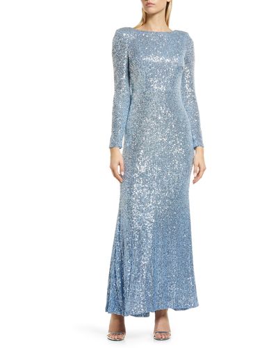 Eliza J Social Sequin Long Sleeve Gown - Blue