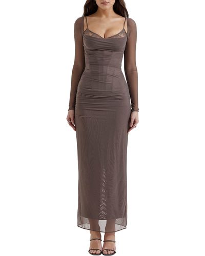House Of Cb Katrina Lace Mesh Long Sleeve Gown - Brown