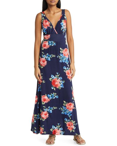 Loveappella Floral Surplice V-neck Knit Maxi Dress - Blue
