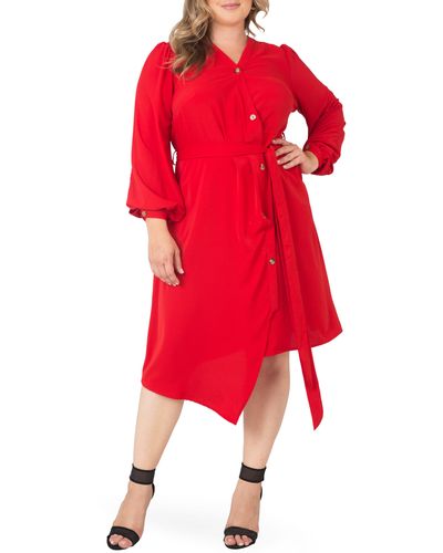 Standards & Practices Asymmetrical Long Sleeve Shirtdress - Red