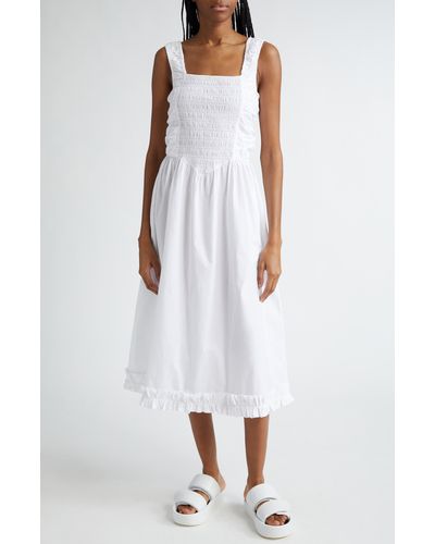 Ganni Smock Bodice Organic Cotton Poplin Midi Dress - White