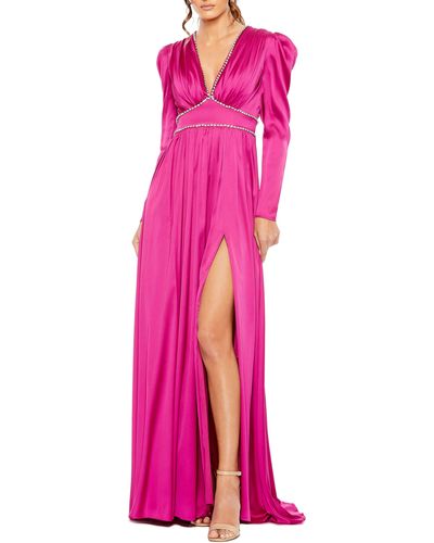 Mac Duggal Crystal Detail Satin Empire Waist Long Sleeve Gown - Pink