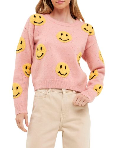 Grey Lab Chenille Smiley Face Sweater - Pink