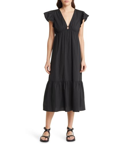 Rails Tina Flutter Sleeve Cotton Blend Midi Dress - Black