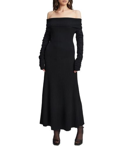 Bardot Marta Pleated Off The Shoulder Long Sleeve Maxi Dress - Black
