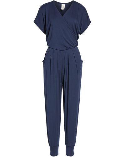 Loveappella Short Sleeve Wrap Top Jumpsuit - Blue