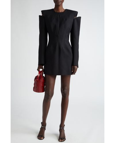 Alexander McQueen Structured Slash Cutout Long Sleeve Wool Dress - Black