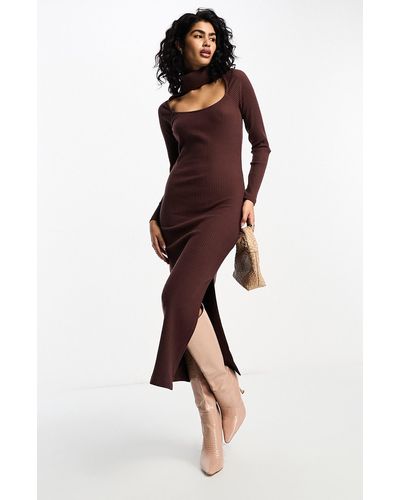 ASOS Long Sleeve Ribbed Midi Sweater Dress - Brown