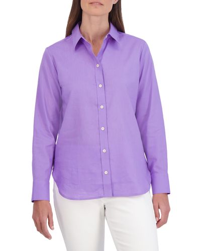 Foxcroft Meghan Linen Blend Button-up Shirt - Purple