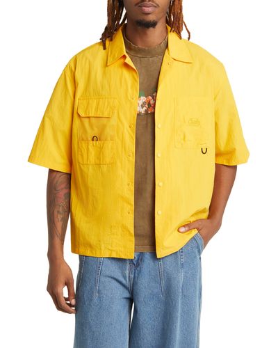 Checks Short Sleeve Nylon Snap-up Fishing Shirt - Yellow