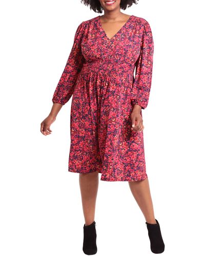 London Times Floral Smocked Long Sleeve Dress - Red
