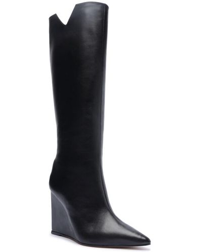 SCHUTZ SHOES Asya Up Cut Wedge Pointed Toe Knee High Boot - Black