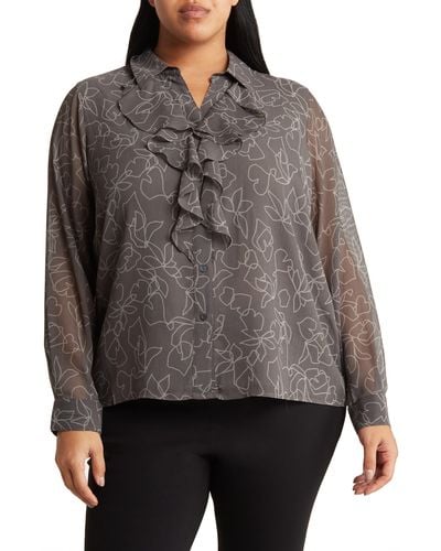 Calvin Klein Floral Ruffle Long Sleeve Button-up Shirt - Gray