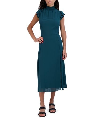 Sandra Darren Mock Neck Flutter Sleeve Midi Dress - Blue