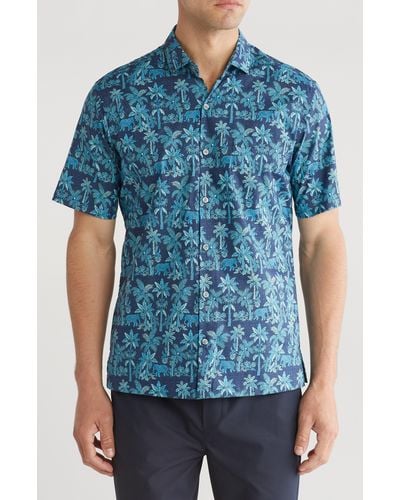 Tori Richard Tusk And Palm Print Cotton Short Sleeve Button-up Shirt - Blue