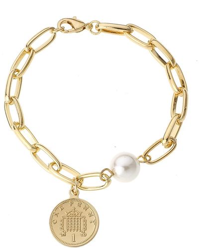 Ettika Imitation Pearl & Coin Paperclip Chain Bracelet - Metallic