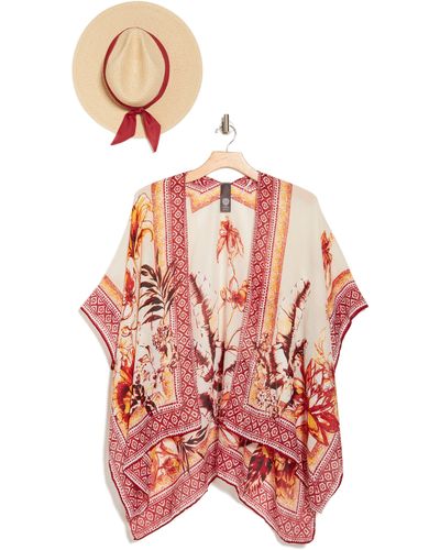 Vince Camuto Tropical Blooms Topper & Sun Hat Set - Red