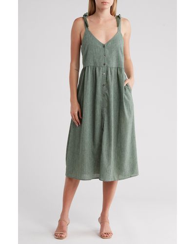 FRNCH Morina Tie Strap Button Front Linen & Cotton Sundress - Green
