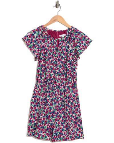 London Times Floral Keyhole Short Sleeve Romper In Berry/blue At Nordstrom Rack