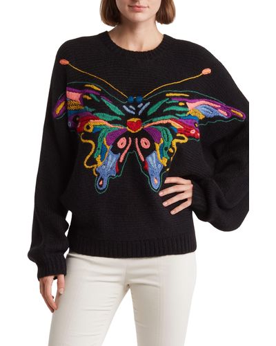 Mother Butterfly Embroidery Batwing Pullover - Black
