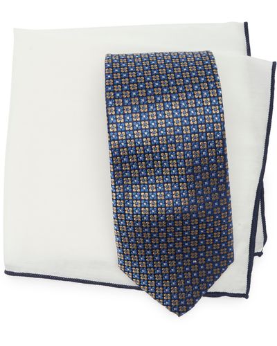 Hickey Freeman Neat Silk Tie And Pocket Sqare Gift Set - Blue