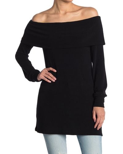 Go Couture Foldover Off The Shoulder Tunic Sweater - Black