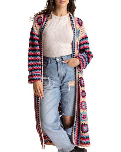 Saachi Crochet Knit Longline Cardigan - Pink