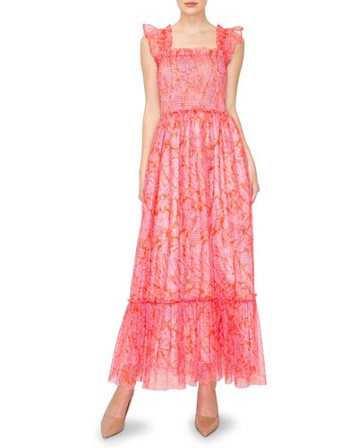 MELLODAY Floral Ruffle Smocked Sleeveless Midi Dress - Pink
