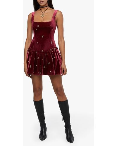 We Wore What Floral Corset Velvet Dress - Red