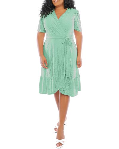 London Times Embroidered Ruffle Wrap Dress - Green