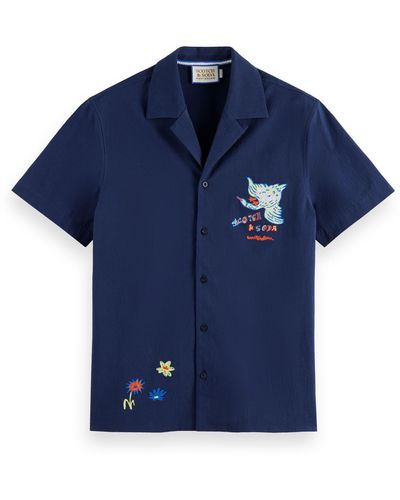 Scotch & Soda Artwork Embroidered Cotton Camp Shirt - Blue