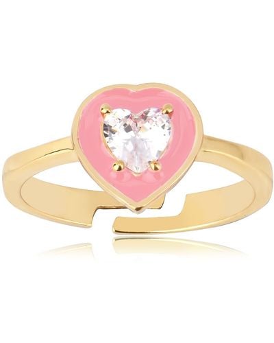 Gabi Rielle 14k Gold Plated Sterling Silver Pink Enamel Cz Heart Adjustable Ring - Metallic