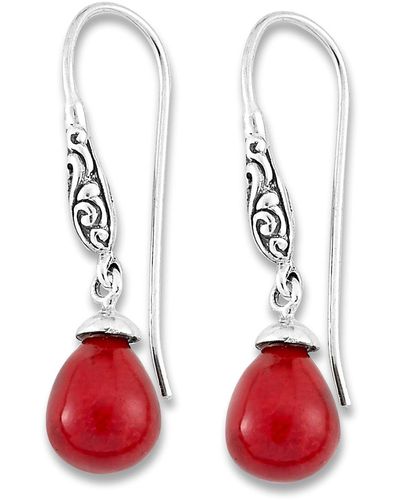 Samuel B. Sterling Silver Filigree Design Coral Drop Earrings - Red