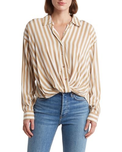 Ellen Tracy Stripe Knotted Long Sleeve Button-up Shirt - Blue