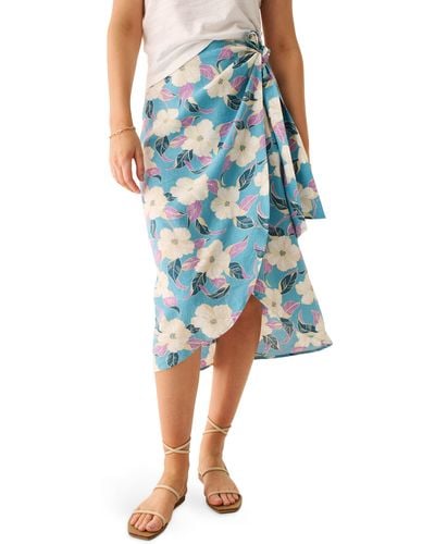 Faherty Pacifica Floral Linen Blend Wrap Midi Skirt - Blue