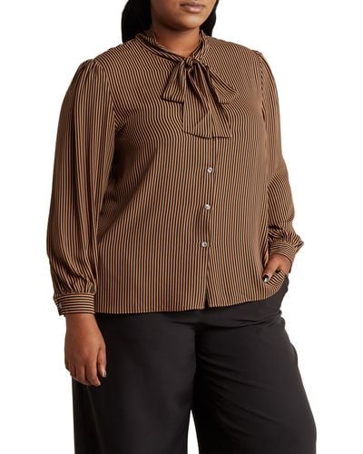 Tahari Tie Neck Button-up Shirt - Brown