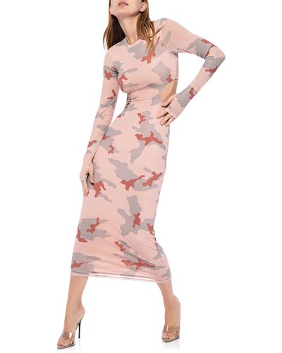 AFRM Janet Floral Cutout Long Sleeve Mesh Midi Dress - Pink