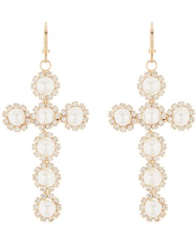 Tasha Imitation Pearl & Crystal Cross Drop Huggie Hoop Earrings - White