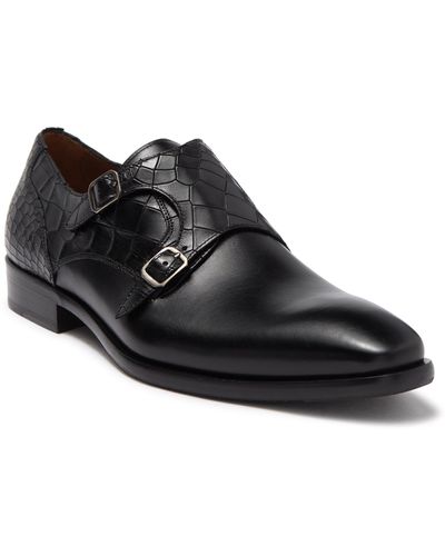 Mezlan Dubois Croc Embossed Leather Double Monk Strap Loafer In Black At Nordstrom Rack