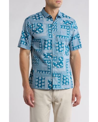 Tori Richard Tied Together Tropical Print Short Sleeve Button-up Shirt - Blue