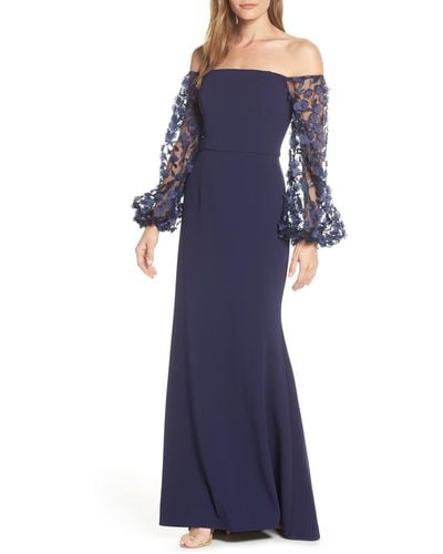 Eliza J Off The Shoulder 3d Floral Sleeve Scuba Crepe Evening Dress - Blue