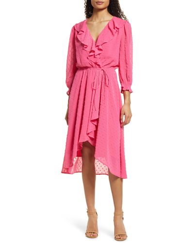 Fraiche By J Swiss Dot Faux Wrap Dress - Pink