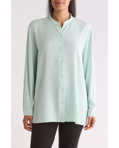 Eileen Fisher Mandarin Collar Silk Blouse - Green