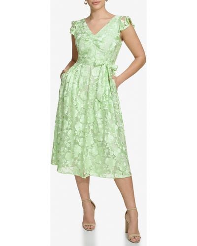 Kensie Floral Embroidered Fit & Flare Midi Dress - Green