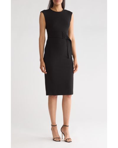 Calvin Klein Cap Sleeve Belted Sheath Dress - Black