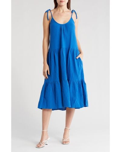 Caslon Tie Strap Tiered Cotton Gauze Midi Dress - Blue