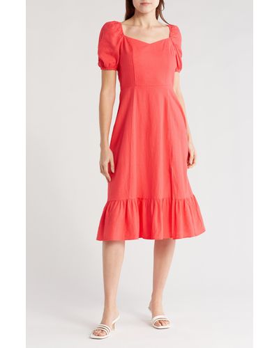 Ellen Tracy Puff Sleeve Linen Blend Midi Dress - Red